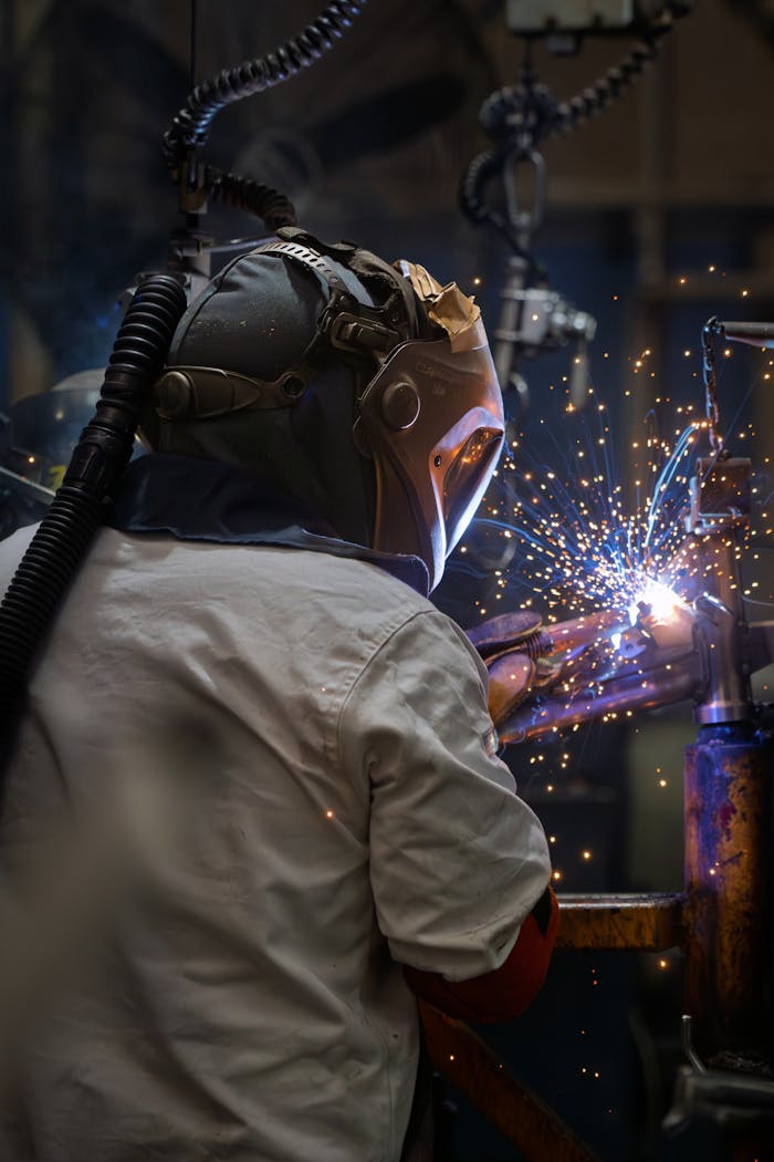 A welder in protective gear creates sparks while working in an industrial setting.
